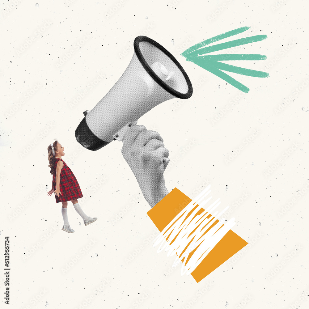 Contemporary art collage. Conceptual image. Female hand holding big