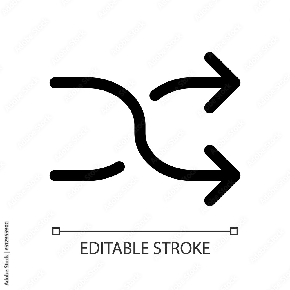 Shuffle white linear ui icon. Irregular order of items. Media player control. GUI, UX design. Outline isolated user interface element for app and web. Editable stroke. Arial font used Shuffle white linear ui icon. Irregular order of items. Media player control. GUI, UX design. Outline isolated user interface element for app and web. Editable stroke. Arial font used