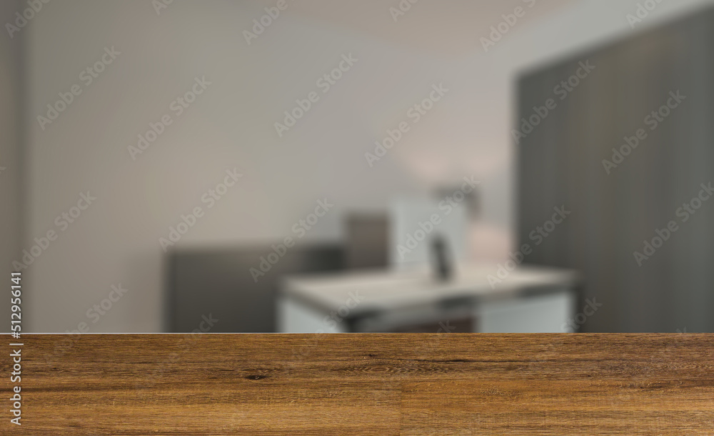 Elegant office interior. Mixed media. 3D rendering.. Background with empty wooden table. Flooring. Elegant office interior. Mixed media. 3D rendering.. Background with empty wooden table. Flooring.