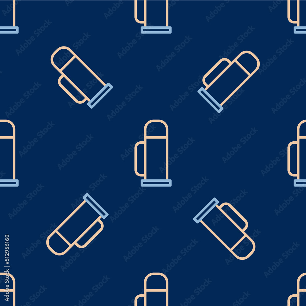 Line Thermos container icon isolated seamless pattern on blue background. Thermo flask icon. Camping and hiking equipment. Vector