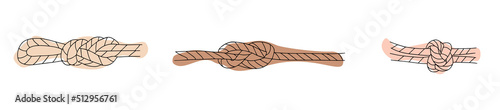Set of rope knots, hitches, bows, bends. Decorative vector design.