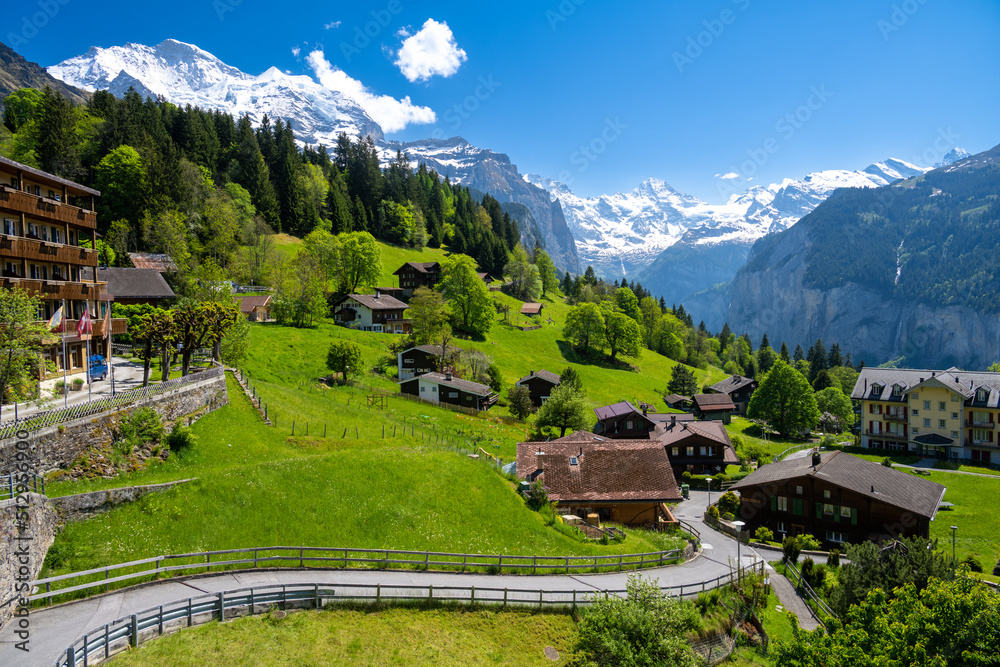 amazing view on alpine village Wengen with Jungfrau mountain in Switzerland