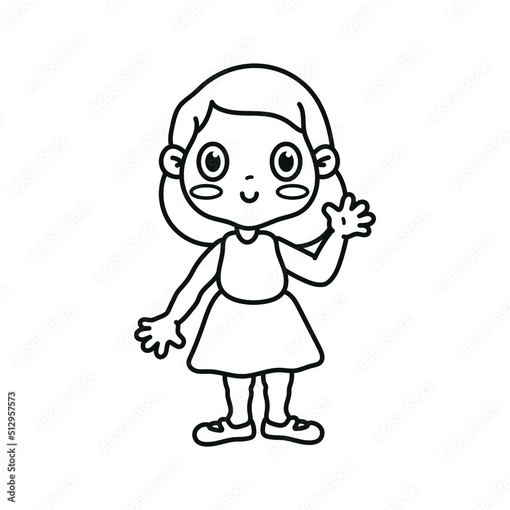 Cute little girl in a dress welcomes. Greetings. Black and white vector illustration. Coloring.