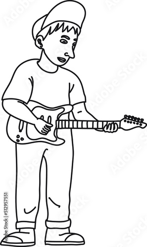 hand draw vector line art sketch of boy playing guitar 