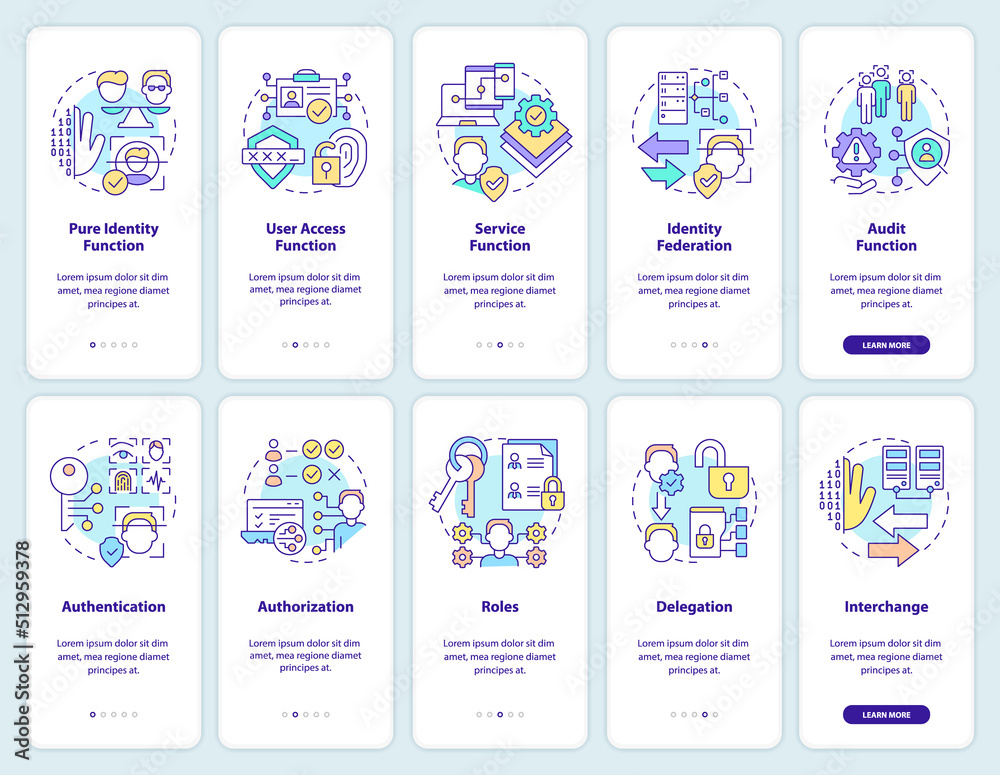 Identity management onboarding mobile app screen set. System walkthrough 5 steps editable graphic instructions with linear concepts. UI, UX, GUI template. Myriad Pro-Bold, Regular fonts used