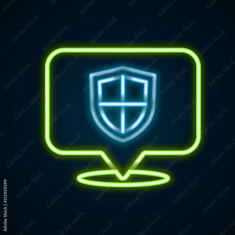 Glowing neon line Location shield icon isolated on black background. Insurance concept. Guard sign. Security, safety, protection, privacy concept. Colorful outline concept. Vector Glowing neon line Location shield icon isolated on black background. Insurance concept. Guard sign. Security, safety, protection, privacy concept. Colorful outline concept. Vector
