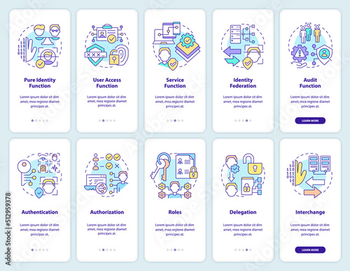Identity management onboarding mobile app screen set. System walkthrough 5 steps editable graphic instructions with linear concepts. UI, UX, GUI template. Myriad Pro-Bold, Regular fonts used