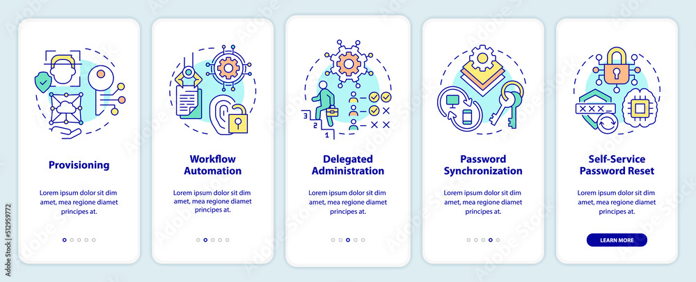 Management of identities onboarding mobile app screen. Users accounts walkthrough 5 steps editable graphic instructions with linear concepts. UI, UX, GUI template. Myriad Pro-Bold, Regular fonts used