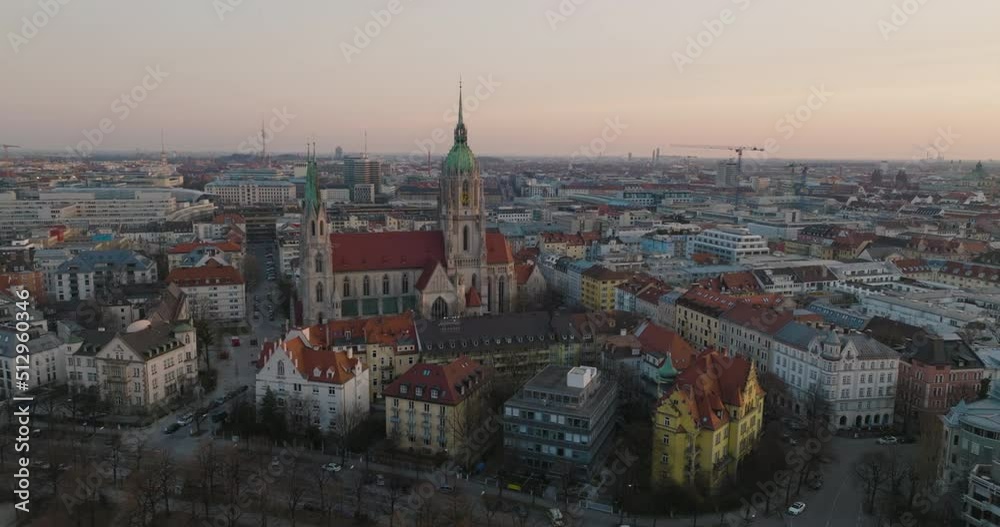 Aerial 5K Drone Orbit St Paul's Cathedral Rooftops And Munich City At Dusk In Germany Aerial 5K Drone Orbit St Paul's Cathedral Rooftops And Munich City At Dusk In Germany