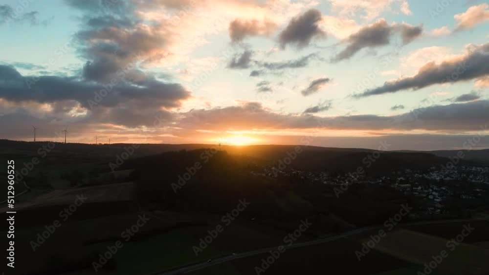 Aerial Timelapse Of Sun Setting And Clouds Moving Over Gross Umstadt Mountains In Germany, 5K Drone Aerial Timelapse Of Sun Setting And Clouds Moving Over Gross Umstadt Mountains In Germany, 5K Drone