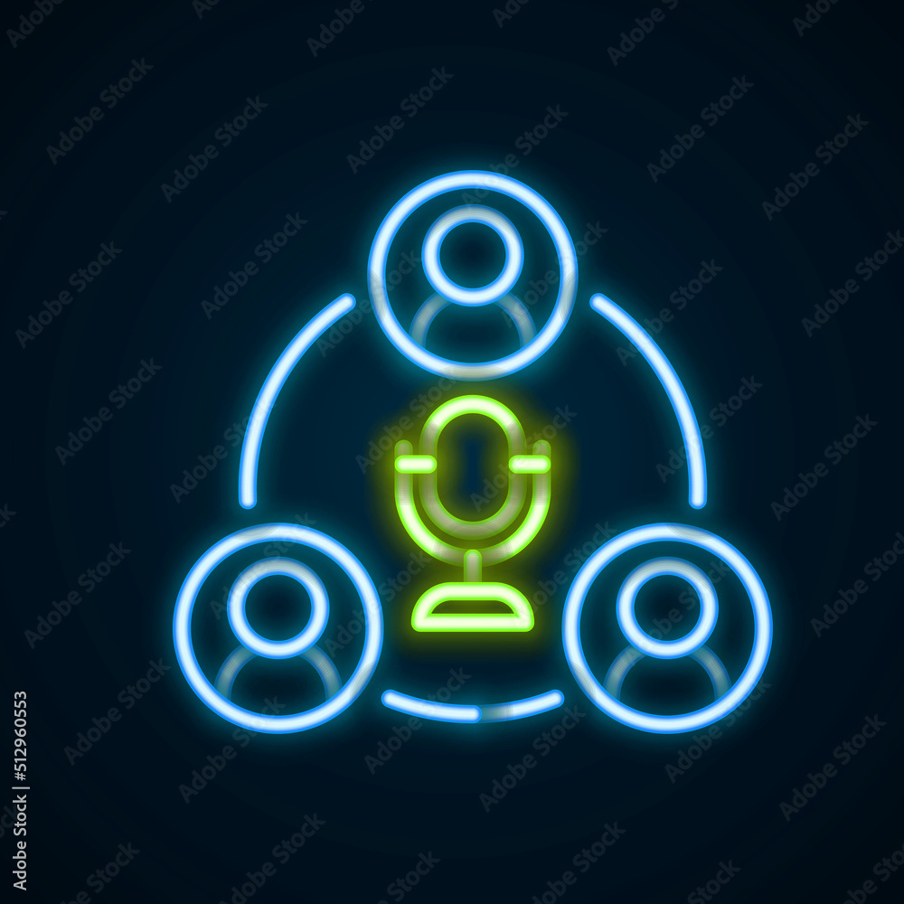 Glowing neon line Meeting icon isolated on black background. Business team meeting, discussion concept, analysis, content strategy. Presentation conference. Colorful outline concept. Vector Glowing neon line Meeting icon isolated on black background. Business team meeting, discussion concept, analysis, content strategy. Presentation conference. Colorful outline concept. Vector