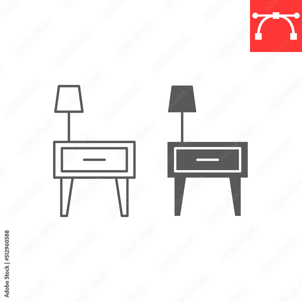Bedside table line and glyph icon, furniture and interior, nightstand vector icon, vector graphics, editable stroke outline sign, eps 10. Bedside table line and glyph icon, furniture and interior, nightstand vector icon, vector graphics, editable stroke outline sign, eps 10.