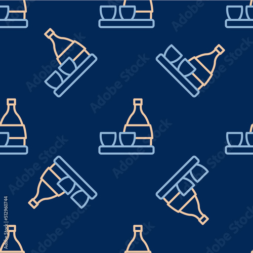 Line Bottle of sake, small cup of sake icon isolated seamless pattern on blue background. Vector