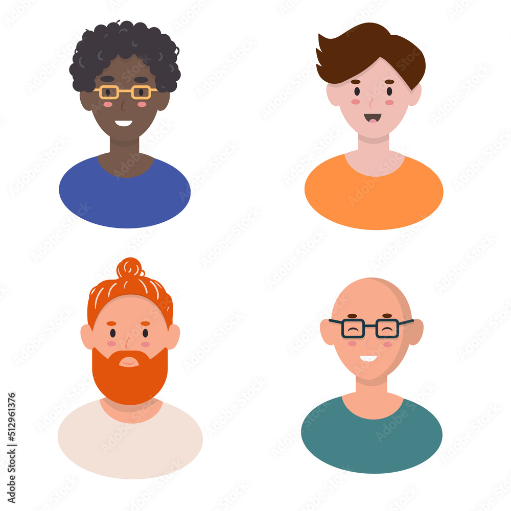 Fototapeta premium Set of male people avatars. Diverse group of men in various ages, skin colors, nationalities. Faceless portraits.