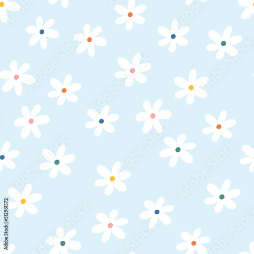 Seamless pattern made with simple daisy flowers. Naive Scandinavian botanical print.