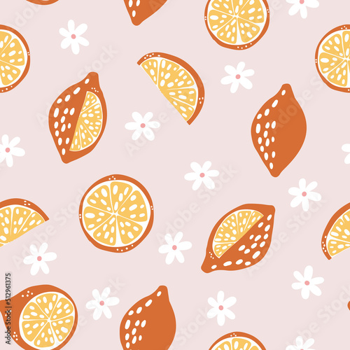 Seamless pattern made with cute lemons and botanical details. Simple fruit print. Scandinavian style, naive vibes.