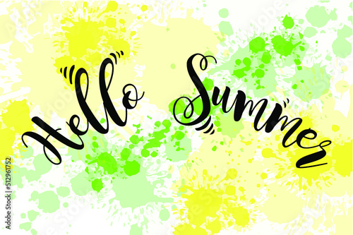 Yellow and green watercolor painted round spot that is suitable for the logo background. Hello Summer hand drawn lettering short phrase isolated on white