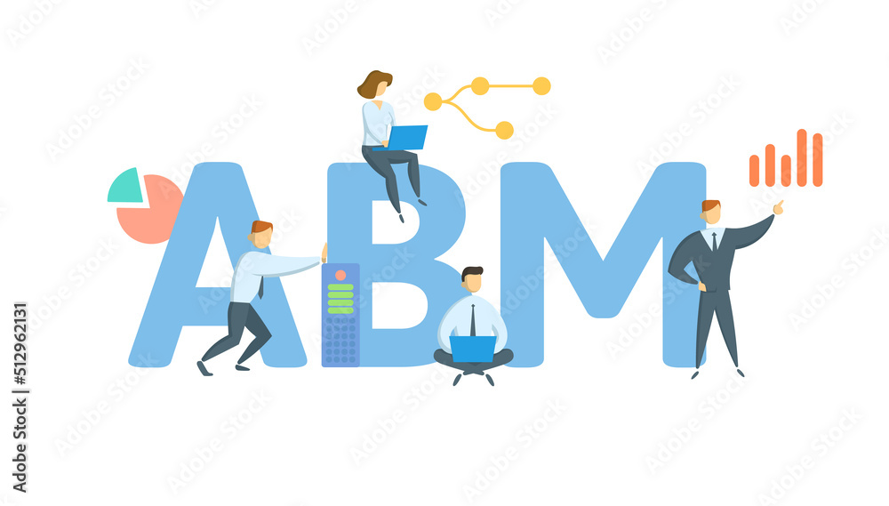 ABM, Activity Based Management. Concept with keyword, people and icons. Flat vector illustration. Isolated on white.