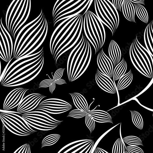 Seamless pattern graphic leaves from lines on a black background. Vector illustration. Free hand drawn trellis.