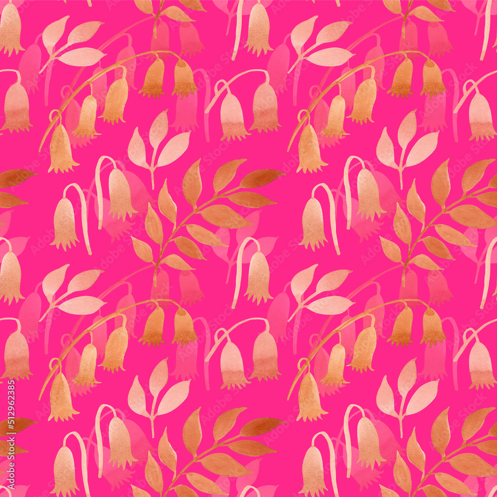 Seamless pattern of Leaves and flowers painted with watercolors on a pink fuchsia background. For fabric, sketchbook, wallpaper, wrapping paper. Seamless pattern of Leaves and flowers painted with watercolors on a pink fuchsia background. For fabric, sketchbook, wallpaper, wrapping paper.