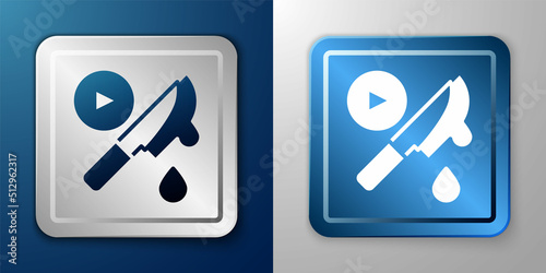 White Thriller movie icon isolated on blue and grey background. Bloody knife. Suspenseful cinema genre, survival horror. Shocking films with gore and violence. Silver and blue square button. Vector