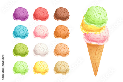 Ice cream scoops to create your own ice cream. Set of colorful cartoon ice cream and waffle cone. Gelato in various flavors. Illustration of seasonal dessert for summer. Ice cream balls isolated.