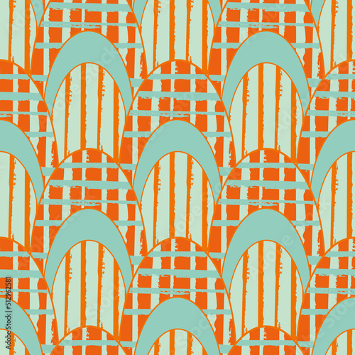 Pointed scallop seamless vector pattern background. Grunge plaid and stripe fill textured overlapping oval shapes backdrop. Tropical orange blue design.Unique geometric repeat for summer, vacation