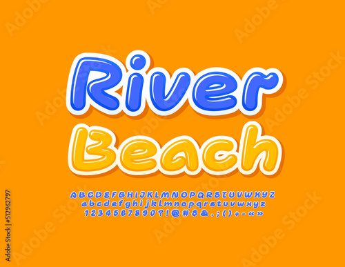 Vector creative banner River Beach. Handwritten Blue Font. Artistic Alphabet Letters and Numbers set