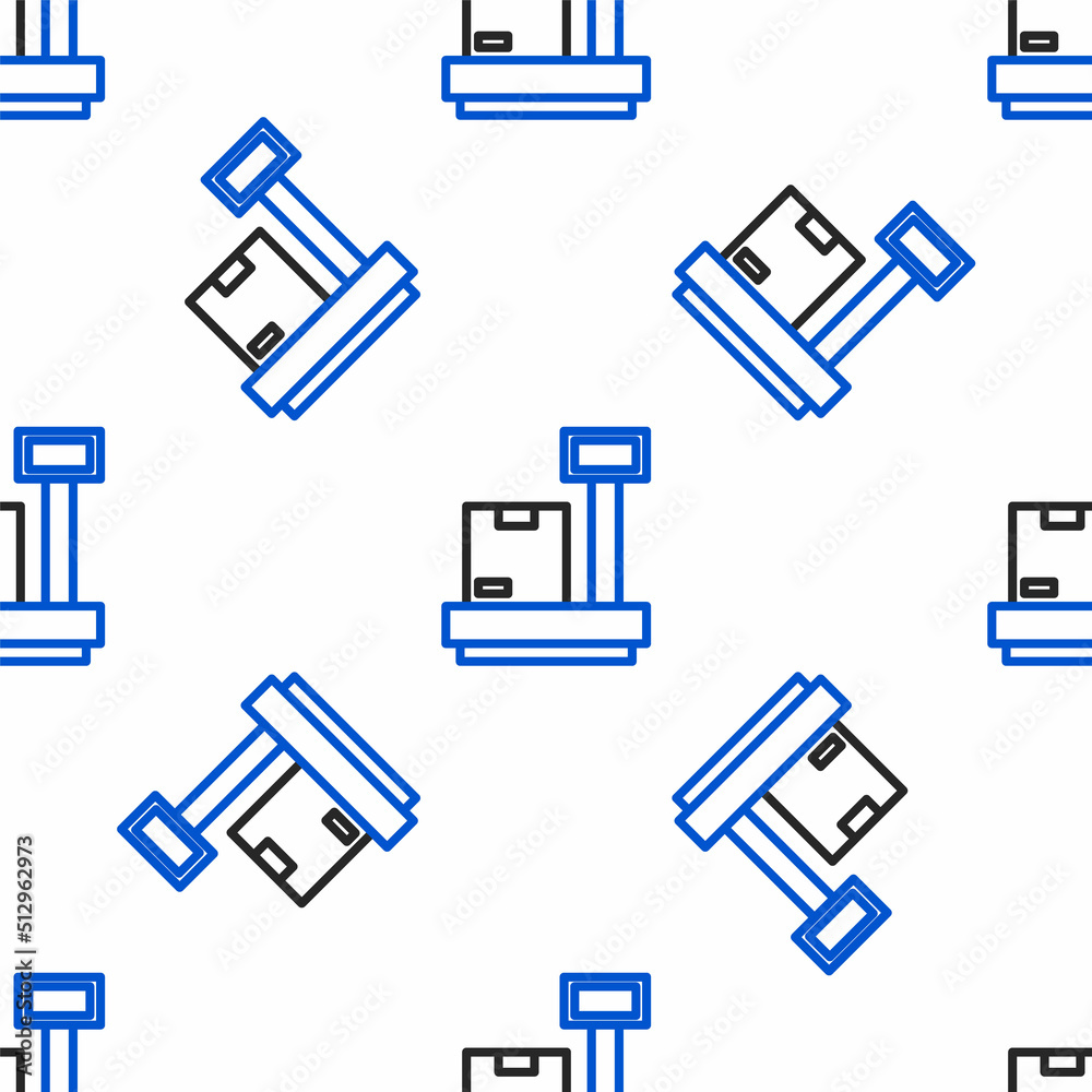 Line Scale with cardboard box icon isolated seamless pattern on white background. Logistic and delivery. Weight of delivery package on a scale. Colorful outline concept. Vector Line Scale with cardboard box icon isolated seamless pattern on white background. Logistic and delivery. Weight of delivery package on a scale. Colorful outline concept. Vector