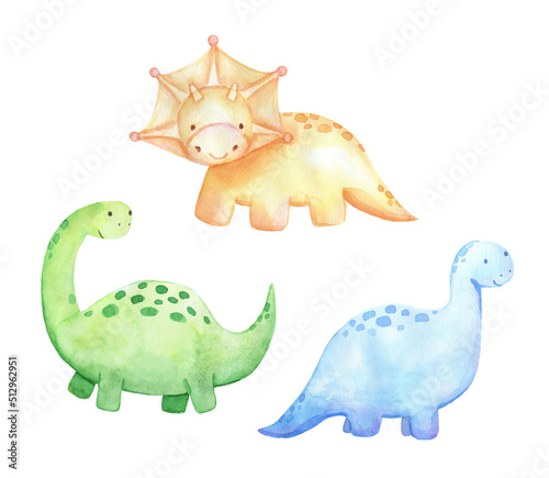 Set of Cute little baby dinosaur barosaurus and Triceratops. Watercolor drawing illustration isolated on white background.