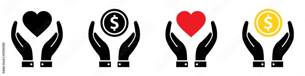 Heart and money in hand icon. Donate icon. Charity icon, vector illustration Heart and money in hand icon. Donate icon. Charity icon, vector illustration
