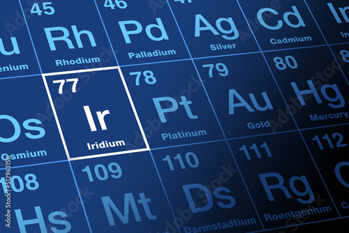 Iridium on periodic table. Chemical element with symbol Ir, named after Greek goddess Iris, and with atomic number 77. Hard, brittle transition and most corrosion resistant metal, used in electronics.