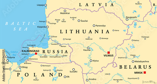 Lithuania and Kaliningrad, political map, with capitals and most important cities. Republic of Lithuania, a country in the Baltic region of Europe, and Kaliningrad Oblast, a federal subject of Russia. photo