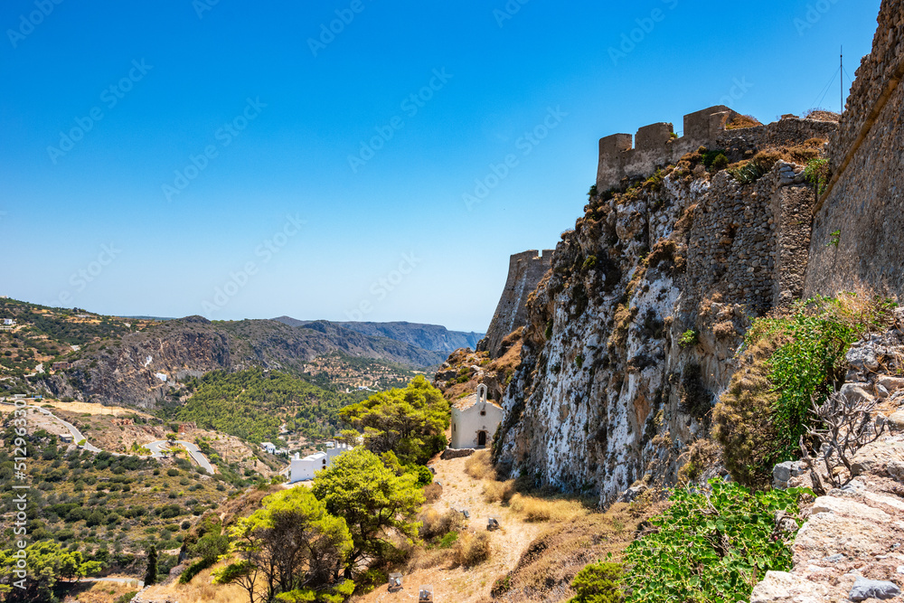 Panoramic view over Chora, Kythera and the Castle at sunset. Majestic scenery over Kythera island in Greece, Europe