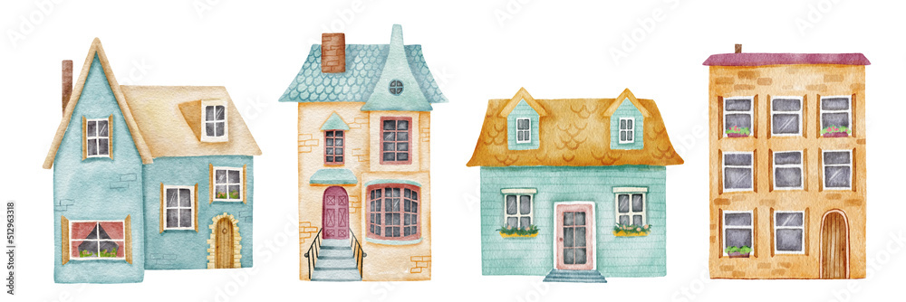 Hand drawn watercolor blue old and cozy small house. Set of Cute cottages with chimney isolated on white background