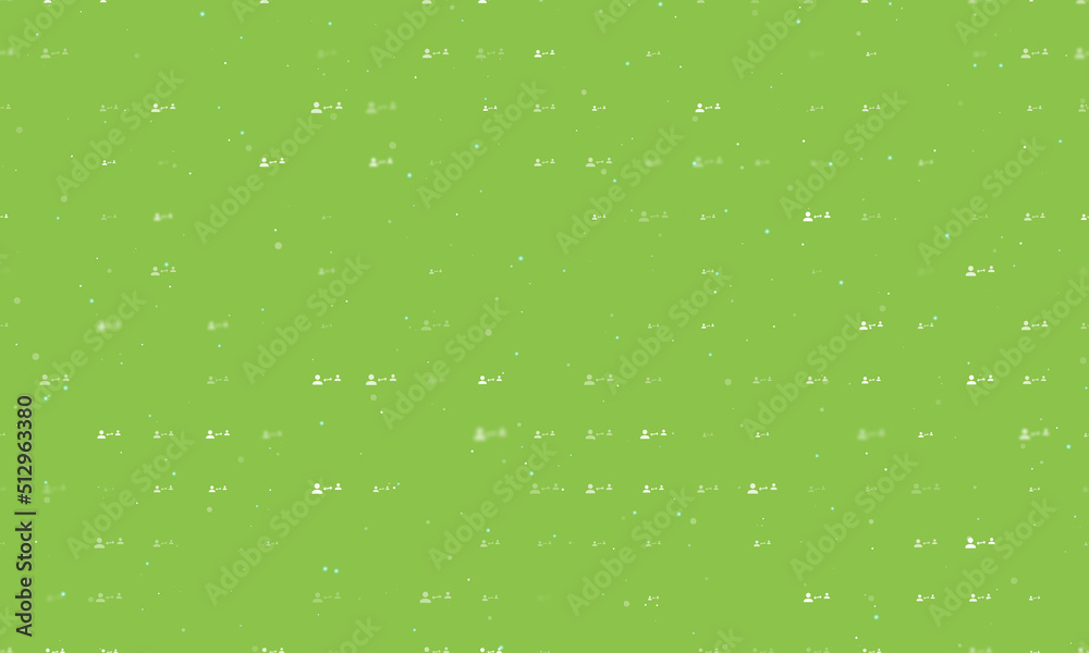 Seamless background pattern of evenly spaced white social distance symbols of different sizes and opacity. Vector illustration on light green background with stars