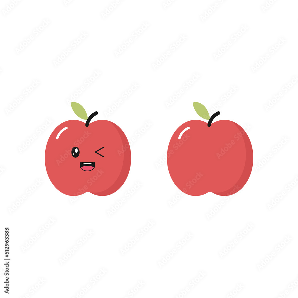 Red apple with kawaii eyes and smile and no face. Flat design vector illustration of a red apple on a white background. Red apple with kawaii eyes and smile and no face. Flat design vector illustration of a red apple on a white background.