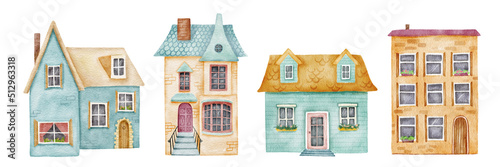 Hand drawn watercolor blue old and cozy small house. Set of Cute cottages with chimney isolated on white background