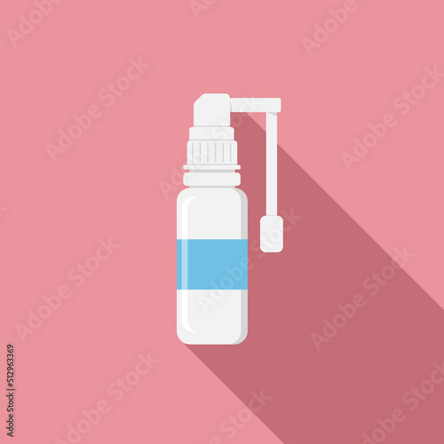 Cute cartoon throat spray, medicine in the form of a spray on a coloured background with a long shadow. Medical supplies. Vector illustration.