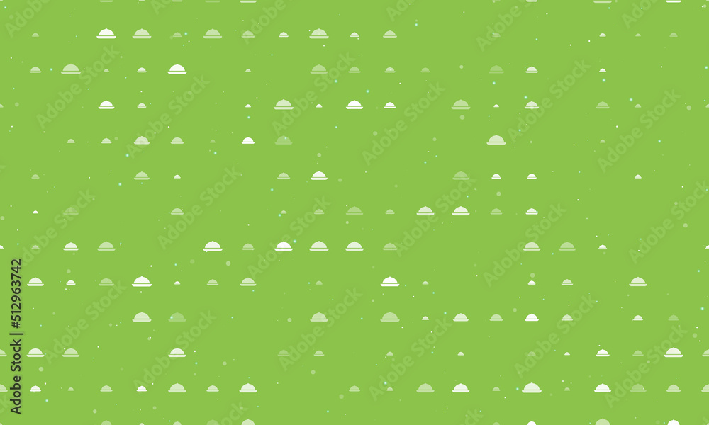 Seamless background pattern of evenly spaced white cloche symbols of different sizes and opacity. Vector illustration on light green background with stars