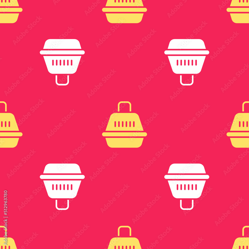 Yellow Pet carry case icon isolated seamless pattern on red background. Carrier for animals, dog and cat. Container for animals. Animal transport box. Vector