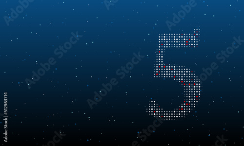 On the right is the number five symbol filled with white dots. Background pattern from dots and circles of different shades. Vector illustration on blue background with stars