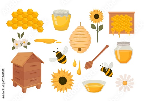 apiary. wax comb bee home flowers apiary tools and healthy eco products. Vector cartoon pictures set