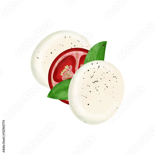 
Caprese Salad. Italian salad with tomatoes and cheese. Dressing Italian herbs and olive oil. Vector illustration of caprese salad for menu design, article or print. 