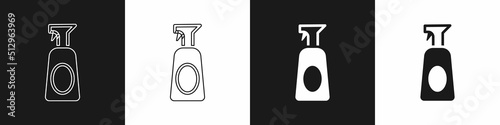 Set Cleaning spray bottle with detergent liquid icon isolated on black and white background. Vector