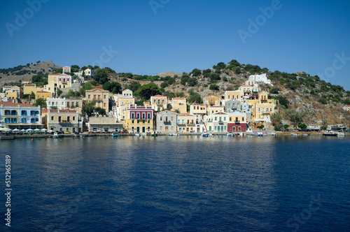 Boat Symi greek island coast mediterranean village