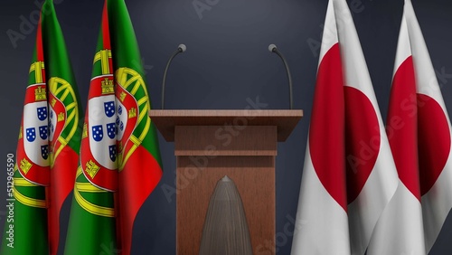 Flags of Portugal and Japan at international meeting or negotiations press conference. Podium speaker tribune with flags and coat arms. 3d rendering