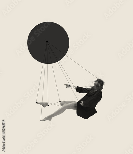 Contemporary art collage with young woman attached to strings and falling down isolated on grey background. Line art design