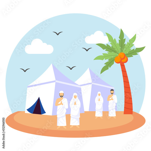 Hajj Pilgrims at Mina Concept,  Last Day 13th Dhu al-Hijjah Vector Icon Design, Eid al-Azha or Eid ul Kabir Symbol, Hajj Sign, Muslims religious Festival Stock illustration photo