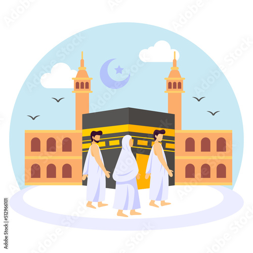 Muslim Family performing Tawaf  Concept, Hajj Privilege Muslim People wearing ihram vector icon design Eid al-Azha or Eid ul Kabir Symbol, Hajj Sign, Muslims religious Festival Stock illustration